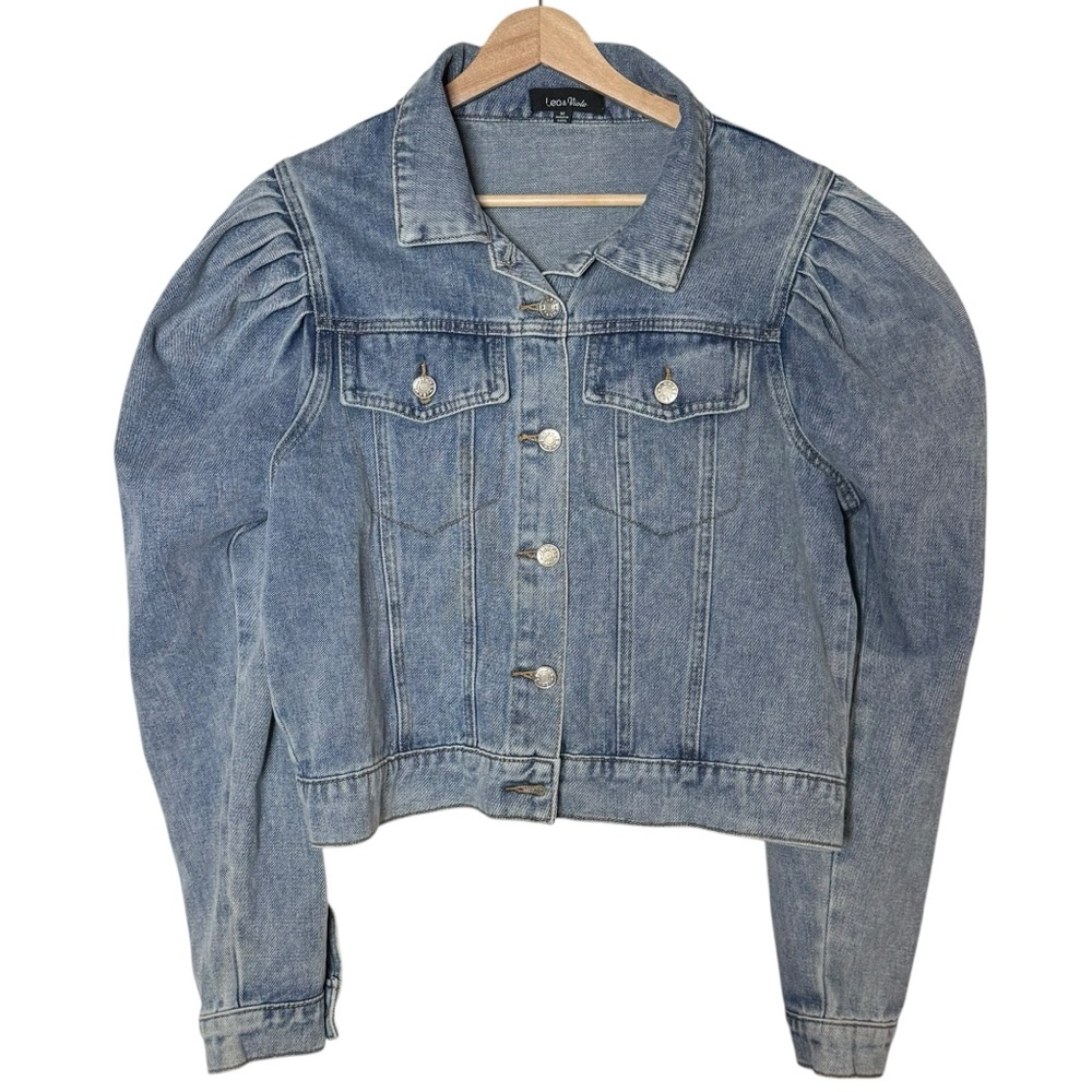 Lea & Viola Puff Sleeve Denim Cropped Jean Jacket Size M Layering Boho Vacation